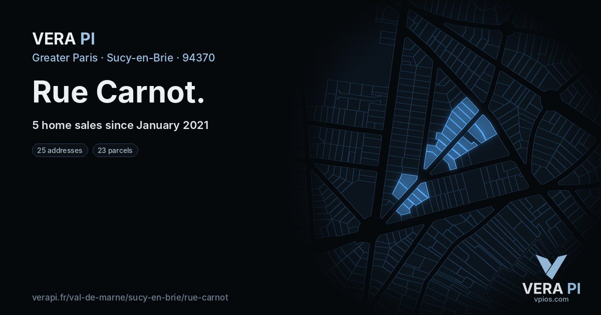 Rue Carnot, Sucy-en-Brie at night – every parcel coloured by the prices around it, the street's own parcels lit