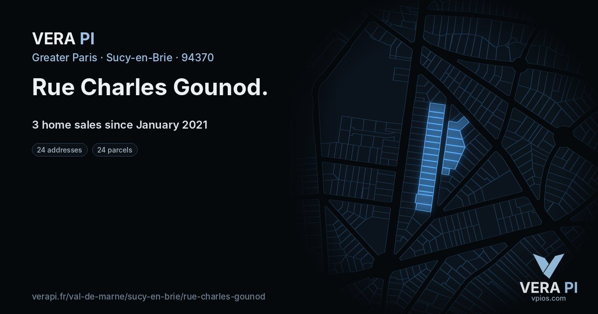 Rue Charles Gounod, Sucy-en-Brie at night – every parcel coloured by the prices around it, the street's own parcels lit