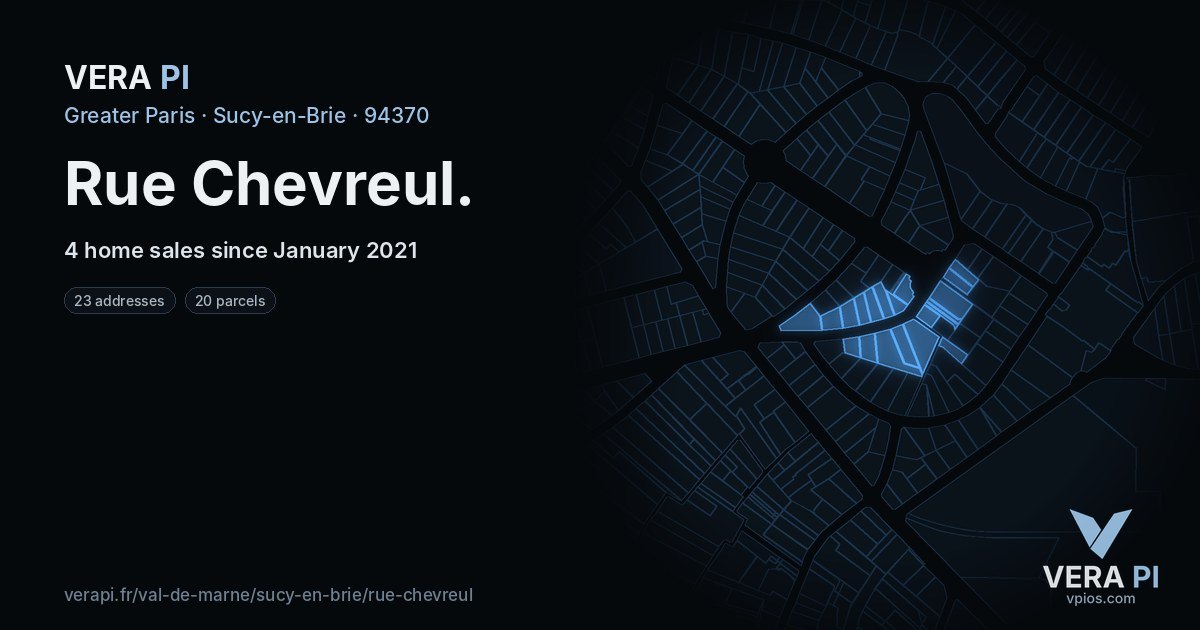 Rue Chevreul, Sucy-en-Brie at night – every parcel coloured by the prices around it, the street's own parcels lit