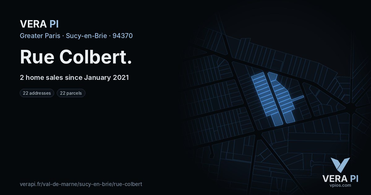 Rue Colbert, Sucy-en-Brie at night – every parcel coloured by the prices around it, the street's own parcels lit