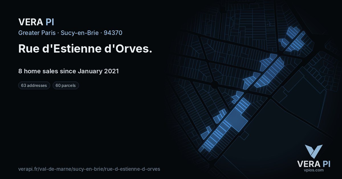 Rue d'Estienne d'Orves, Sucy-en-Brie at night – every parcel coloured by the prices around it, the street's own parcels lit