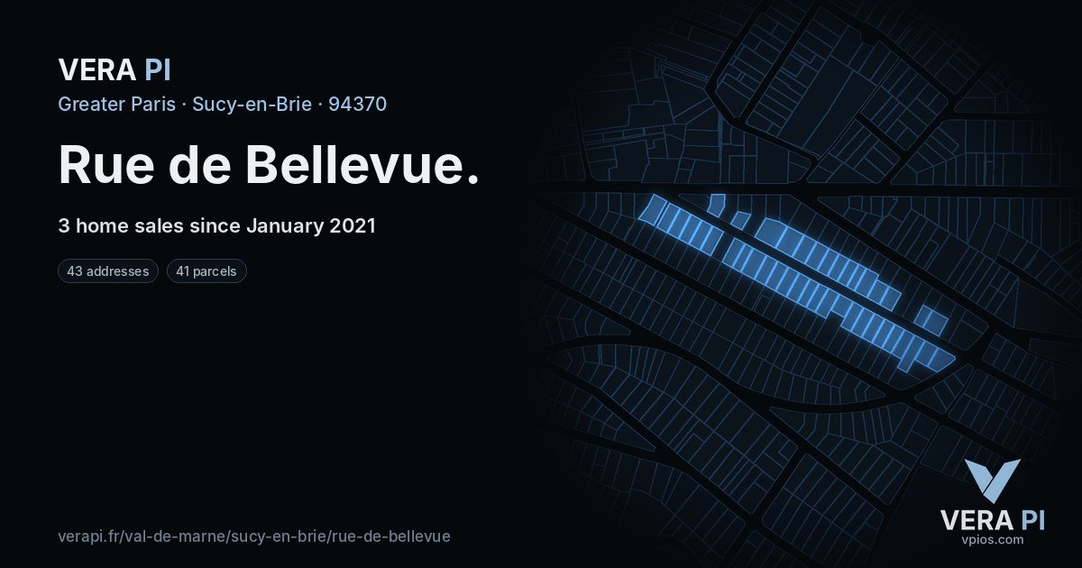 Rue de Bellevue, Sucy-en-Brie at night – every parcel coloured by the prices around it, the street's own parcels lit