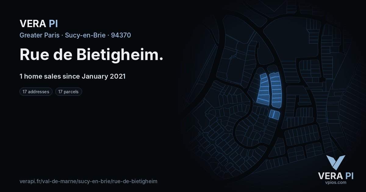 Rue de Bietigheim, Sucy-en-Brie at night – every parcel coloured by the prices around it, the street's own parcels lit