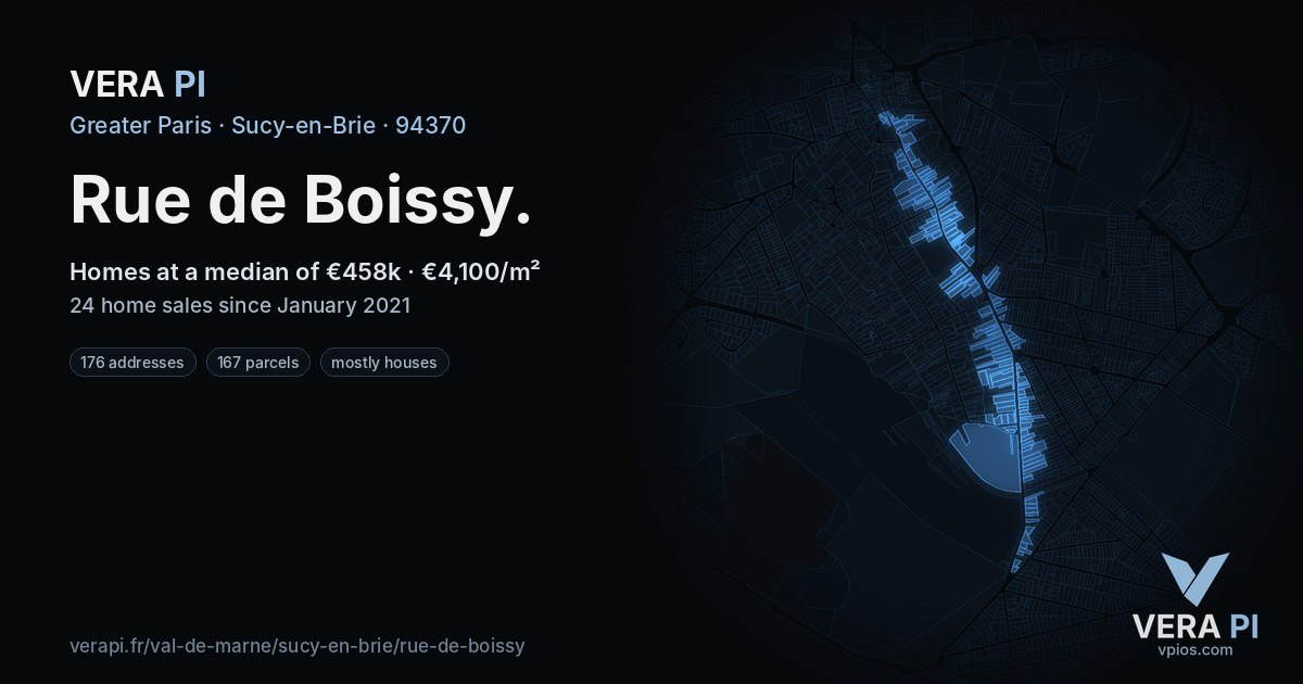 Rue de Boissy, Sucy-en-Brie at night – every parcel coloured by the prices around it, the street's own parcels lit