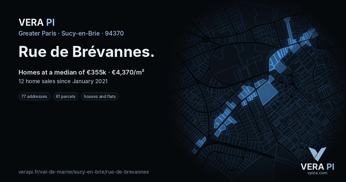 Rue de Brévannes, Sucy-en-Brie at night – every parcel coloured by the prices around it, the street's own parcels lit