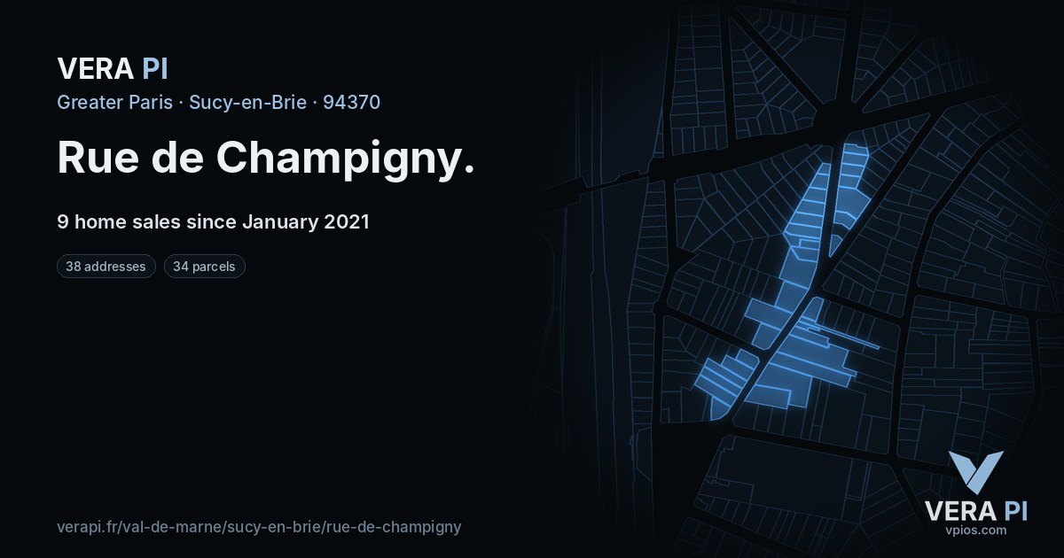 Rue de Champigny, Sucy-en-Brie at night – every parcel coloured by the prices around it, the street's own parcels lit