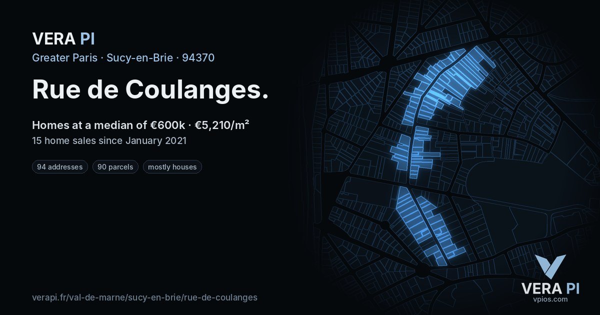 Rue de Coulanges, Sucy-en-Brie at night – every parcel coloured by the prices around it, the street's own parcels lit