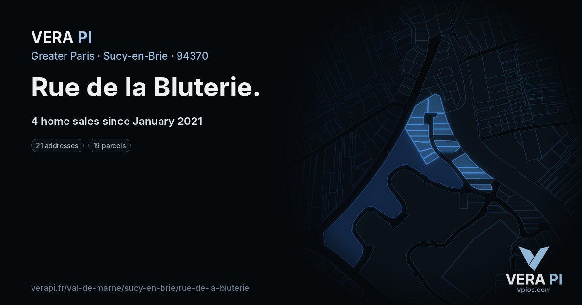 Rue de la Bluterie, Sucy-en-Brie at night – every parcel coloured by the prices around it, the street's own parcels lit