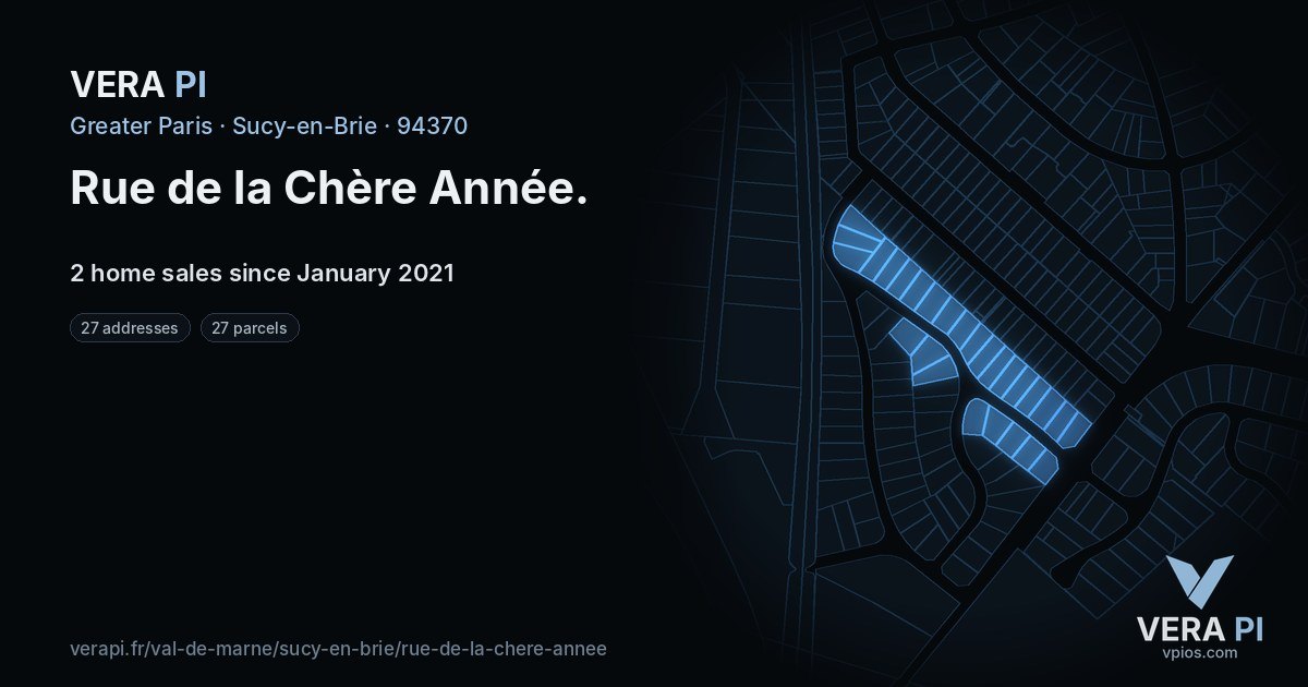 Rue de la Chère Année, Sucy-en-Brie at night – every parcel coloured by the prices around it, the street's own parcels lit