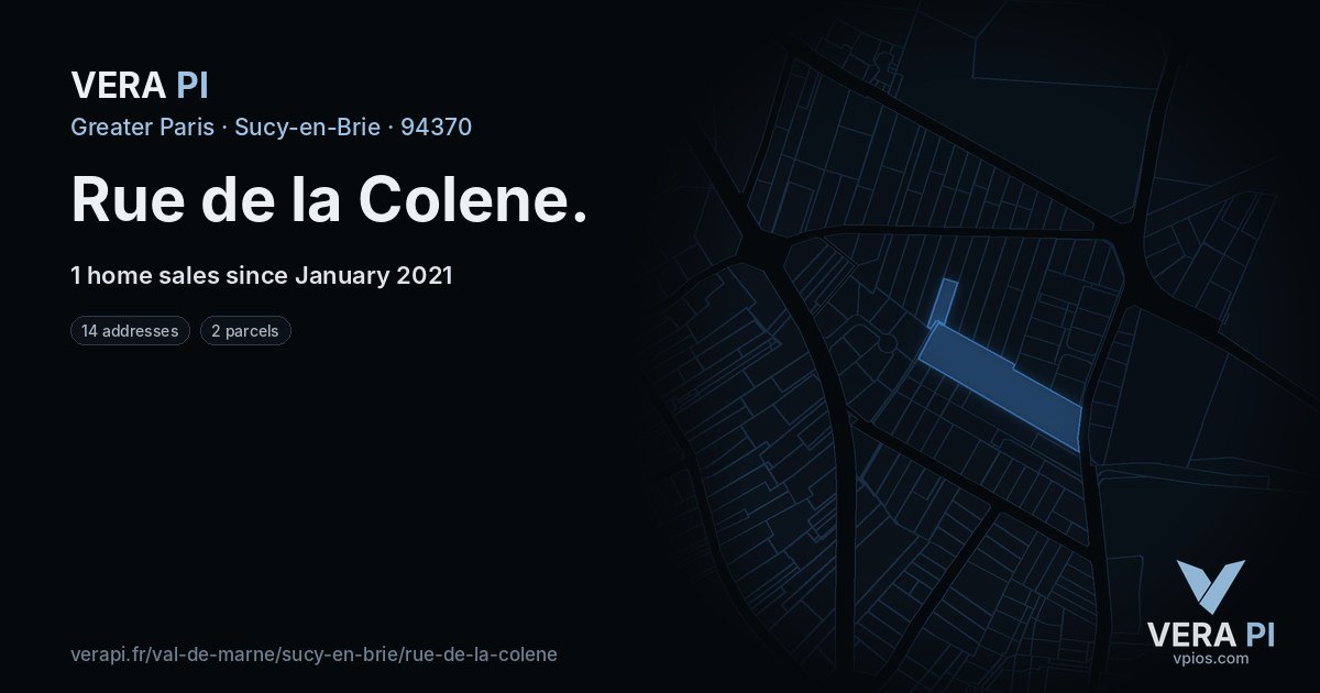Rue de la Colene, Sucy-en-Brie at night – every parcel coloured by the prices around it, the street's own parcels lit