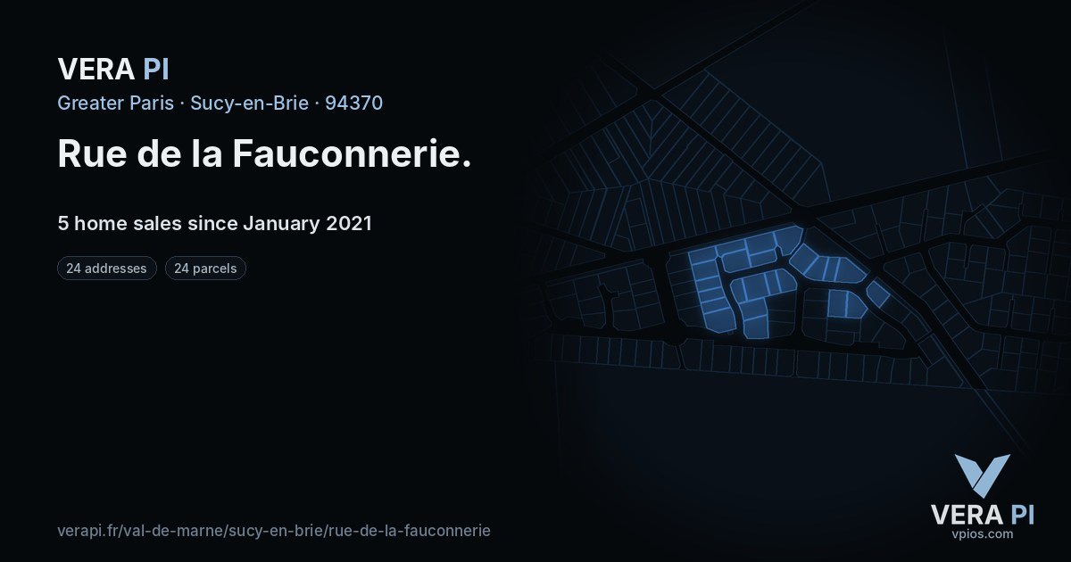Rue de la Fauconnerie, Sucy-en-Brie at night – every parcel coloured by the prices around it, the street's own parcels lit