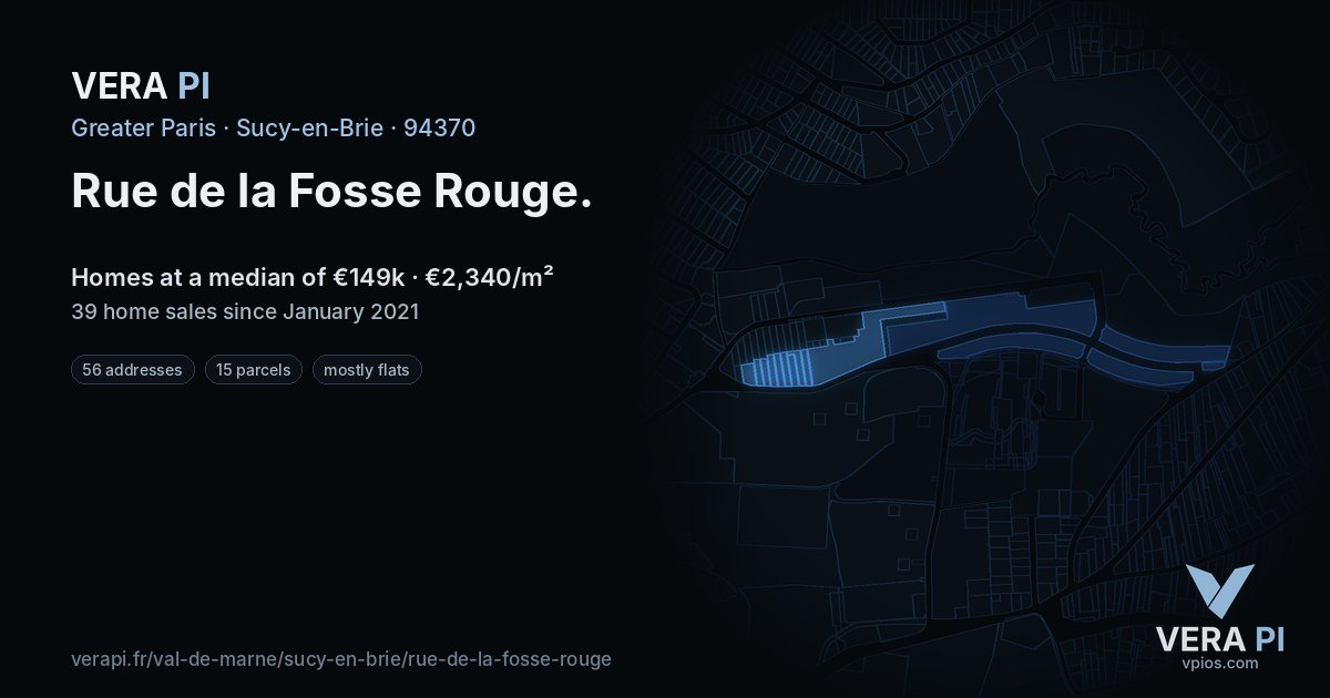 Rue de la Fosse Rouge, Sucy-en-Brie at night – every parcel coloured by the prices around it, the street's own parcels lit