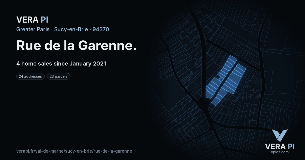 Rue de la Garenne, Sucy-en-Brie at night – every parcel coloured by the prices around it, the street's own parcels lit