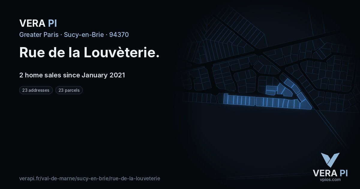 Rue de la Louvèterie, Sucy-en-Brie at night – every parcel coloured by the prices around it, the street's own parcels lit