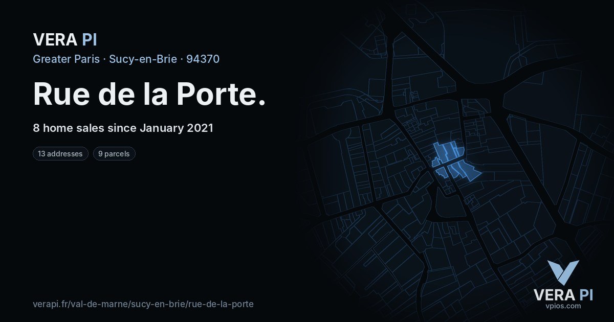 Rue de la Porte, Sucy-en-Brie at night – every parcel coloured by the prices around it, the street's own parcels lit