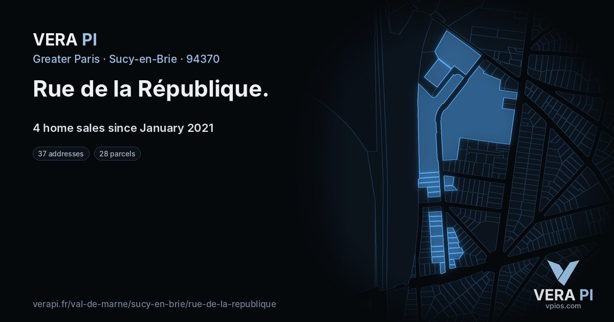 Rue de la République, Sucy-en-Brie at night – every parcel coloured by the prices around it, the street's own parcels lit