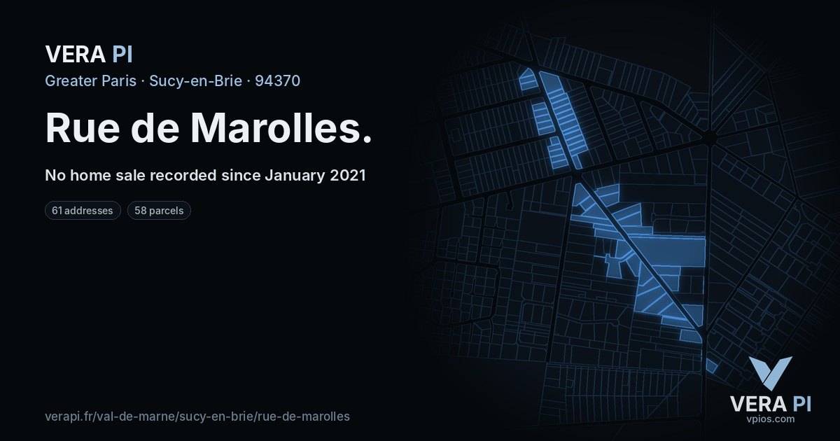 Rue de Marolles, Sucy-en-Brie at night – every parcel coloured by the prices around it, the street's own parcels lit