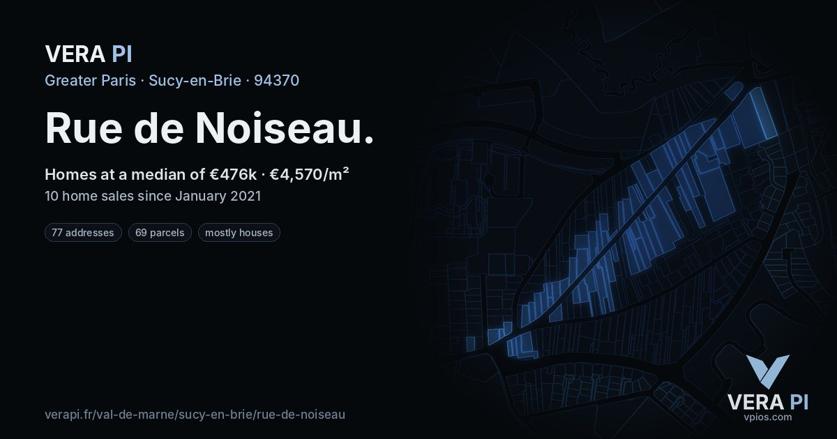 Rue de Noiseau, Sucy-en-Brie at night – every parcel coloured by the prices around it, the street's own parcels lit