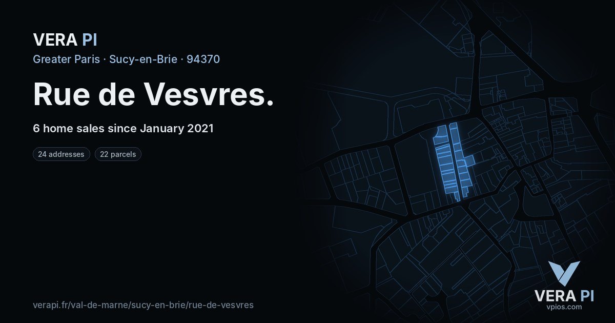 Rue de Vesvres, Sucy-en-Brie at night – every parcel coloured by the prices around it, the street's own parcels lit