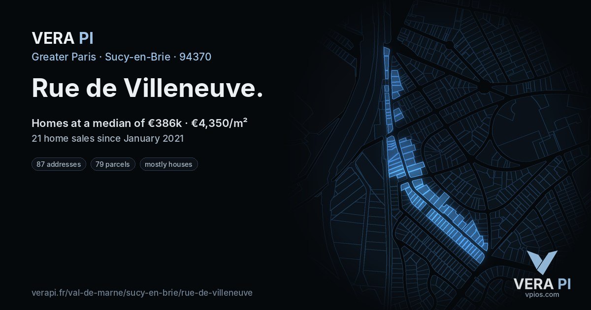 Rue de Villeneuve, Sucy-en-Brie at night – every parcel coloured by the prices around it, the street's own parcels lit
