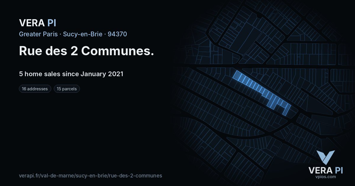 Rue des 2 Communes, Sucy-en-Brie at night – every parcel coloured by the prices around it, the street's own parcels lit