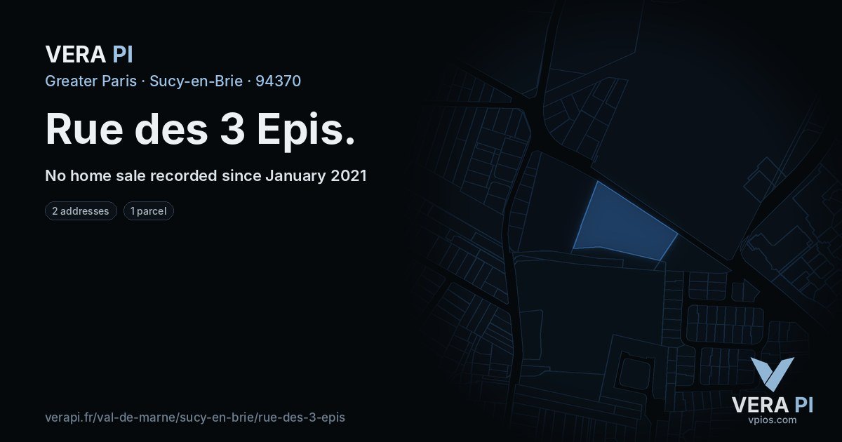 Rue des 3 Epis, Sucy-en-Brie at night – every parcel coloured by the prices around it, the street's own parcels lit