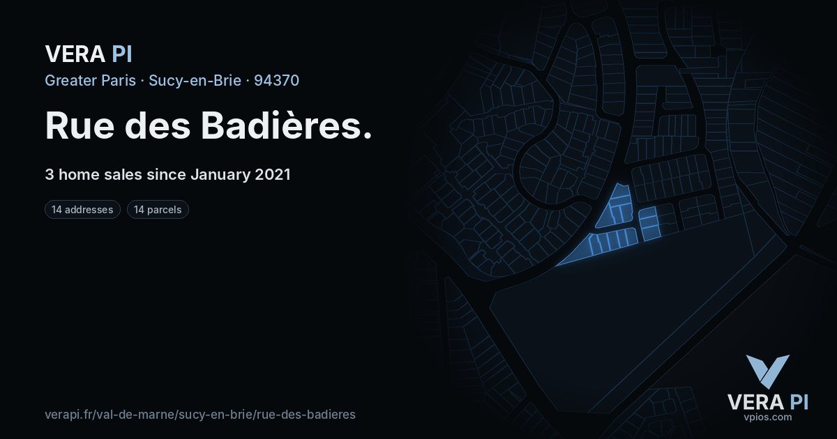 Rue des Badières, Sucy-en-Brie at night – every parcel coloured by the prices around it, the street's own parcels lit