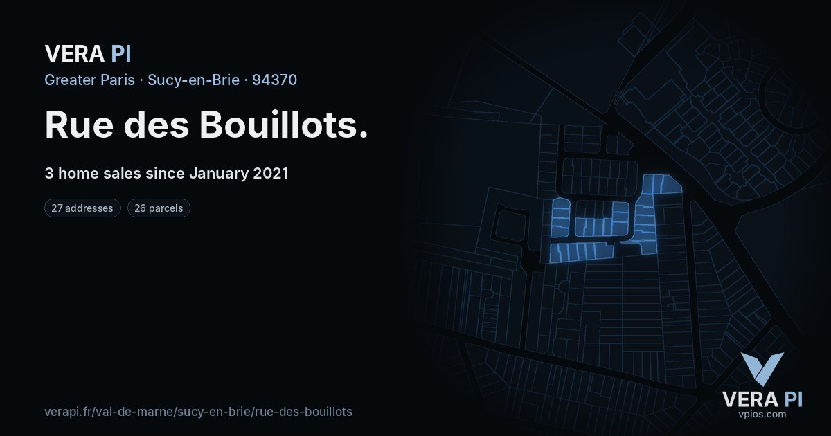 Rue des Bouillots, Sucy-en-Brie at night – every parcel coloured by the prices around it, the street's own parcels lit