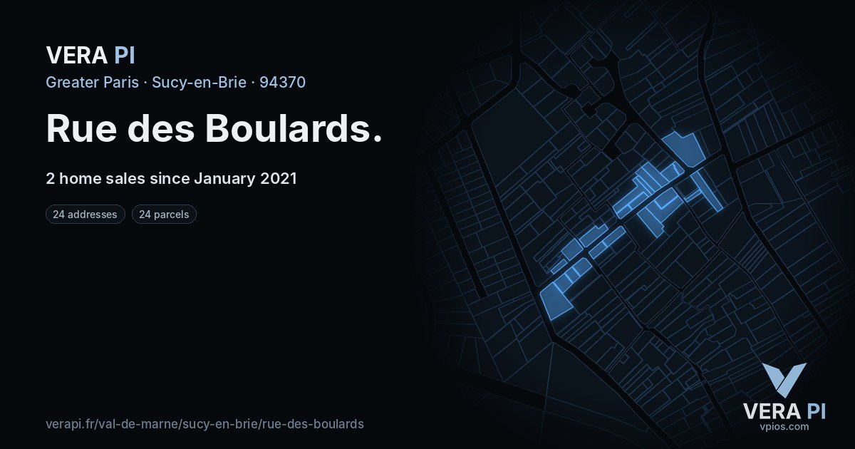 Rue des Boulards, Sucy-en-Brie at night – every parcel coloured by the prices around it, the street's own parcels lit