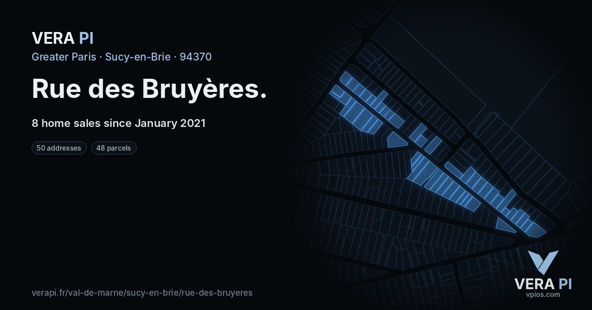 Rue des Bruyères, Sucy-en-Brie at night – every parcel coloured by the prices around it, the street's own parcels lit