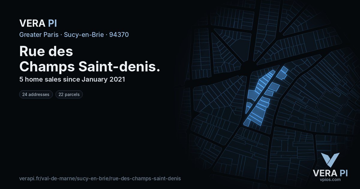 Rue des Champs Saint-denis, Sucy-en-Brie at night – every parcel coloured by the prices around it, the street's own parcels lit