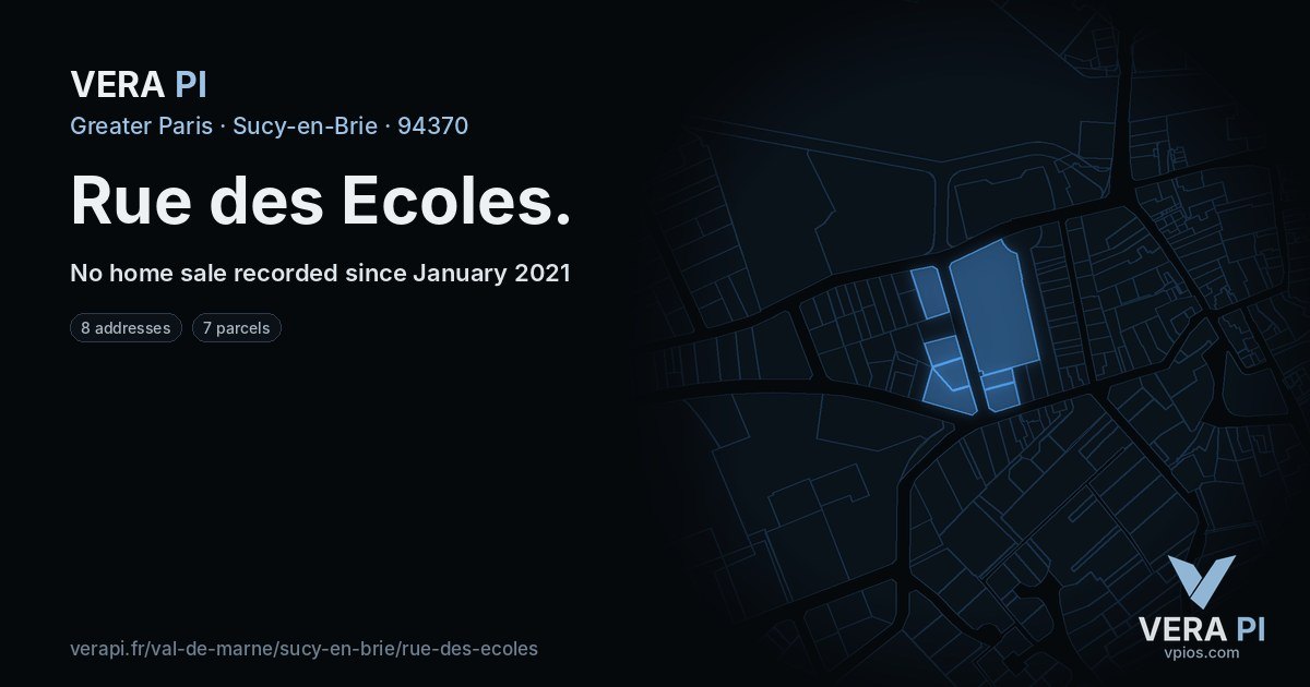 Rue des Ecoles, Sucy-en-Brie at night – every parcel coloured by the prices around it, the street's own parcels lit