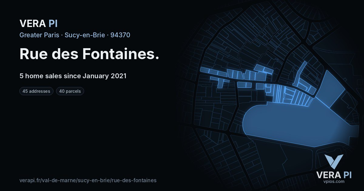 Rue des Fontaines, Sucy-en-Brie at night – every parcel coloured by the prices around it, the street's own parcels lit