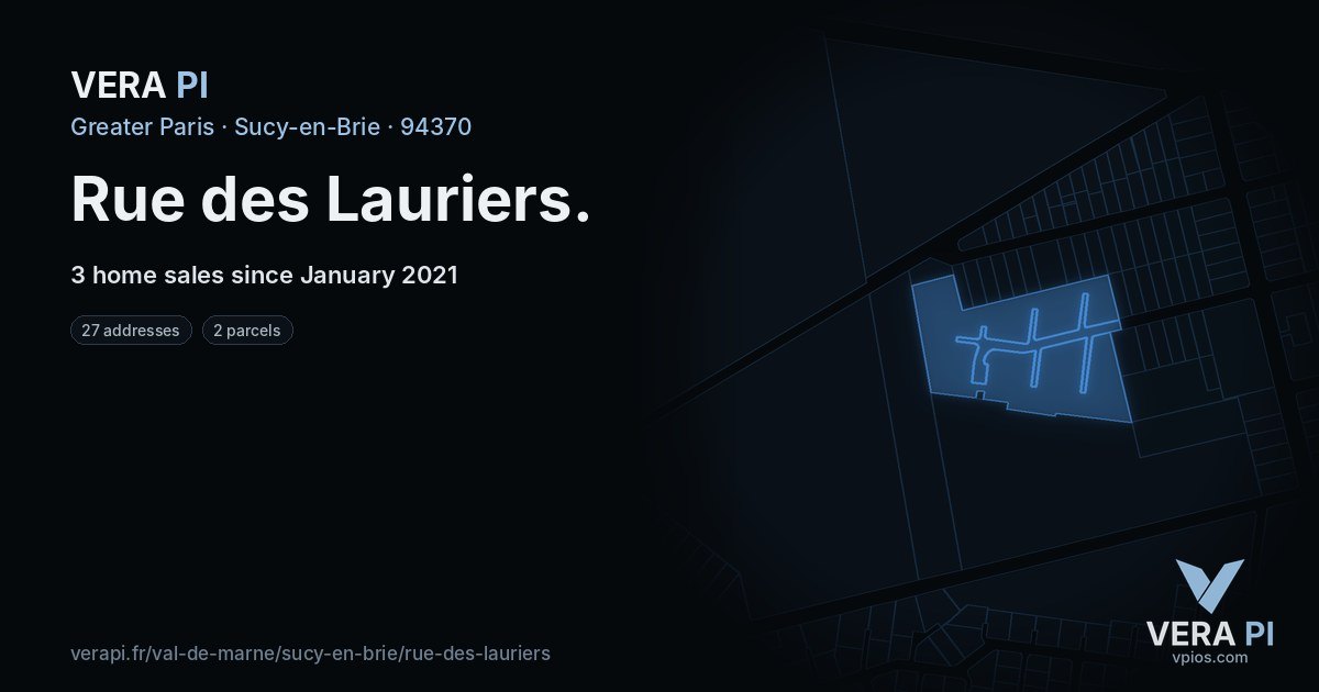 Rue des Lauriers, Sucy-en-Brie at night – every parcel coloured by the prices around it, the street's own parcels lit