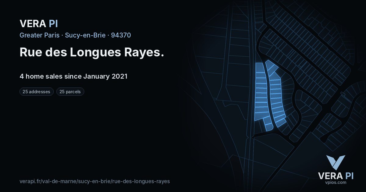 Rue des Longues Rayes, Sucy-en-Brie at night – every parcel coloured by the prices around it, the street's own parcels lit