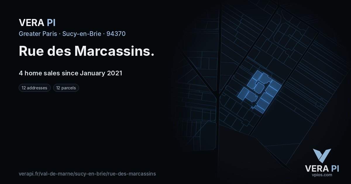 Rue des Marcassins, Sucy-en-Brie at night – every parcel coloured by the prices around it, the street's own parcels lit