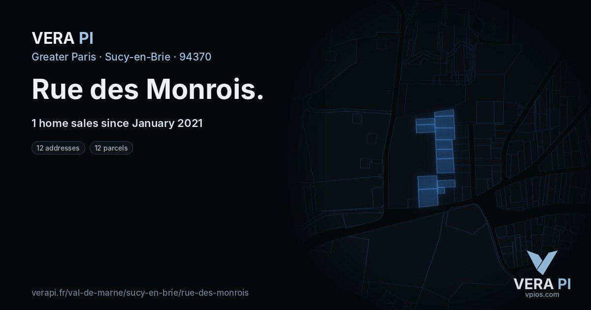 Rue des Monrois, Sucy-en-Brie at night – every parcel coloured by the prices around it, the street's own parcels lit