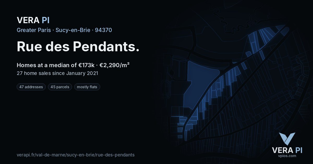 Rue des Pendants, Sucy-en-Brie at night – every parcel coloured by the prices around it, the street's own parcels lit