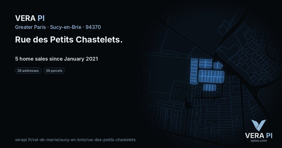 Rue des Petits Chastelets, Sucy-en-Brie at night – every parcel coloured by the prices around it, the street's own parcels lit
