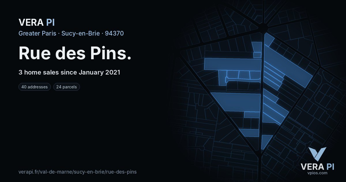 Rue des Pins, Sucy-en-Brie at night – every parcel coloured by the prices around it, the street's own parcels lit