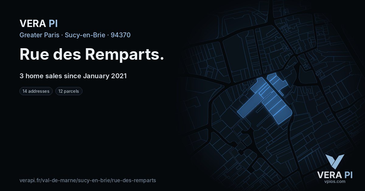 Rue des Remparts, Sucy-en-Brie at night – every parcel coloured by the prices around it, the street's own parcels lit