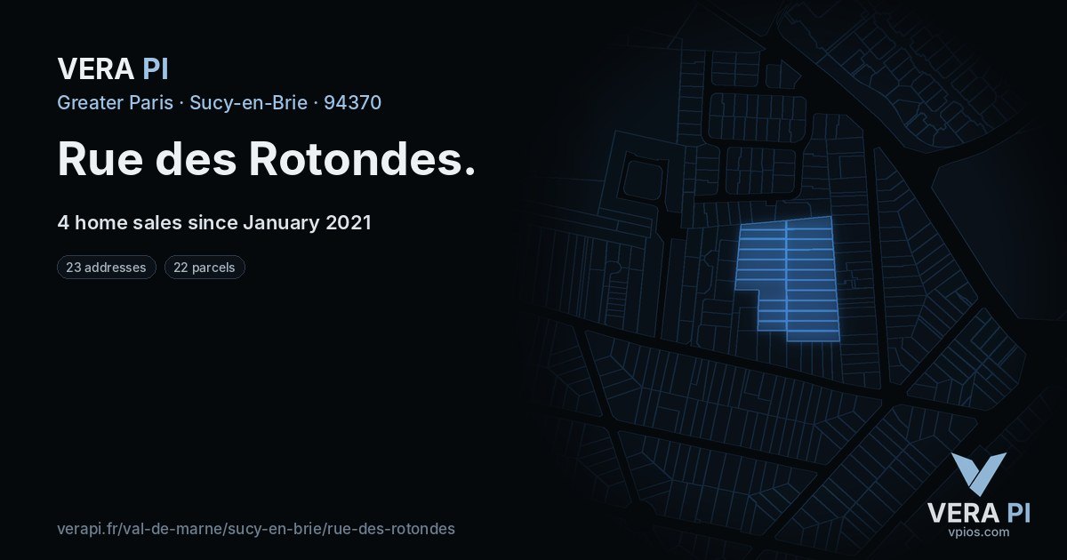 Rue des Rotondes, Sucy-en-Brie at night – every parcel coloured by the prices around it, the street's own parcels lit