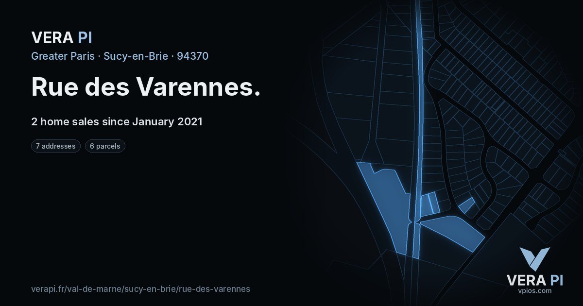 Rue des Varennes, Sucy-en-Brie at night – every parcel coloured by the prices around it, the street's own parcels lit