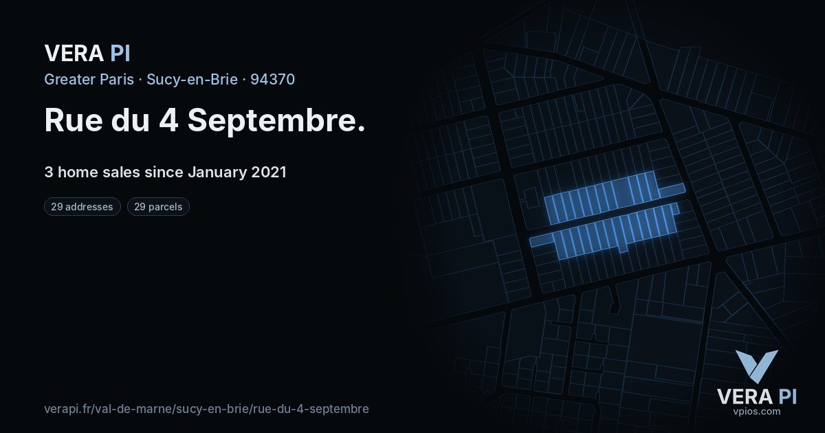 Rue du 4 Septembre, Sucy-en-Brie at night – every parcel coloured by the prices around it, the street's own parcels lit