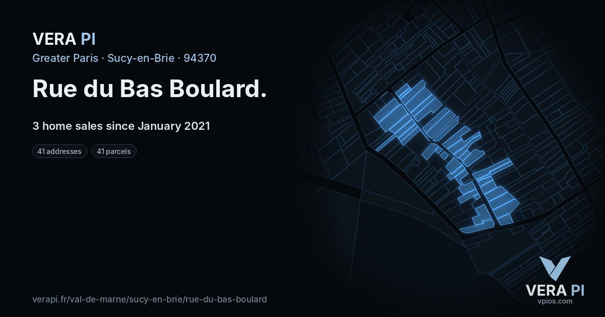 Rue du Bas Boulard, Sucy-en-Brie at night – every parcel coloured by the prices around it, the street's own parcels lit