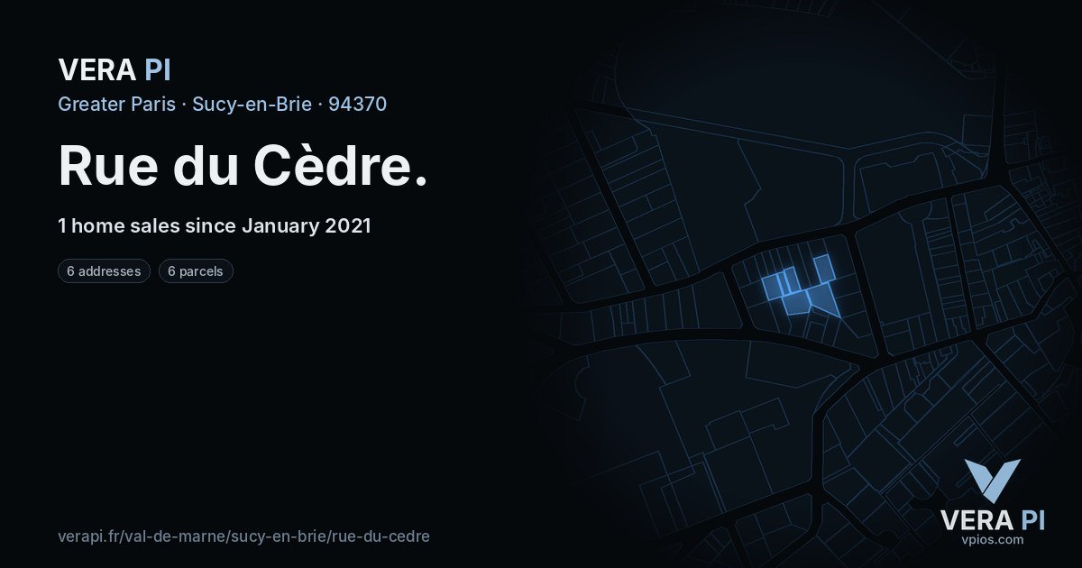 Rue du Cèdre, Sucy-en-Brie at night – every parcel coloured by the prices around it, the street's own parcels lit
