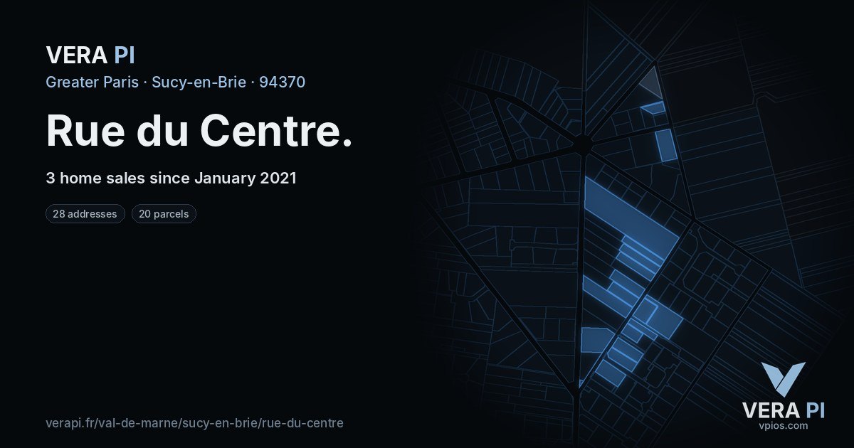 Rue du Centre, Sucy-en-Brie at night – every parcel coloured by the prices around it, the street's own parcels lit