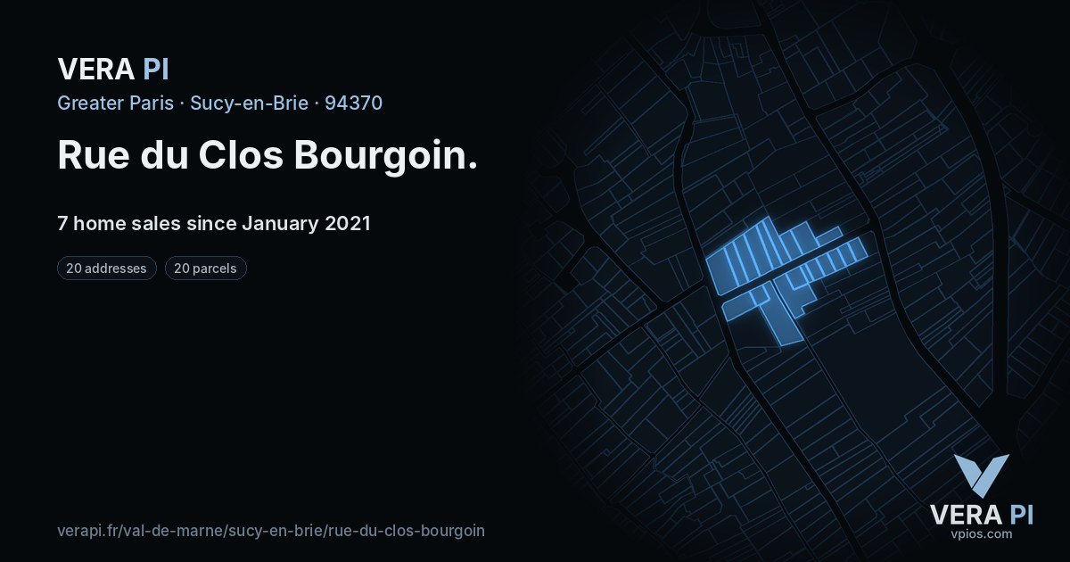 Rue du Clos Bourgoin, Sucy-en-Brie at night – every parcel coloured by the prices around it, the street's own parcels lit