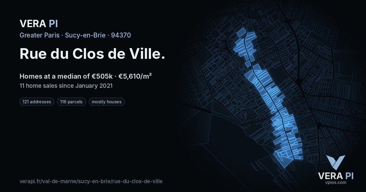 Rue du Clos de Ville, Sucy-en-Brie at night – every parcel coloured by the prices around it, the street's own parcels lit