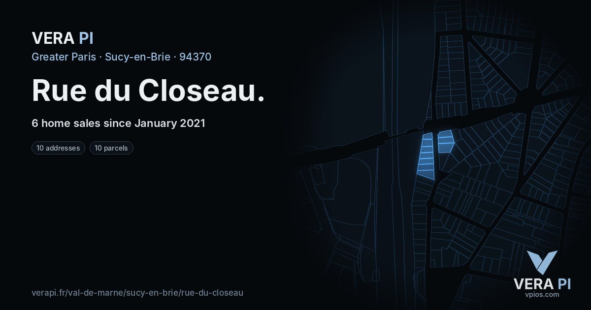 Rue du Closeau, Sucy-en-Brie at night – every parcel coloured by the prices around it, the street's own parcels lit